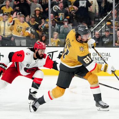 PHOTO: Vegas Golden Knights right wing Mark Stone (61) shoots the puck defended by Carolina Hurricanes defenseman Jalen Chatfield (5) during the third period in game three of the 2026 Stanley Cup Final at T-Mobile Arena, June 6, 2026.