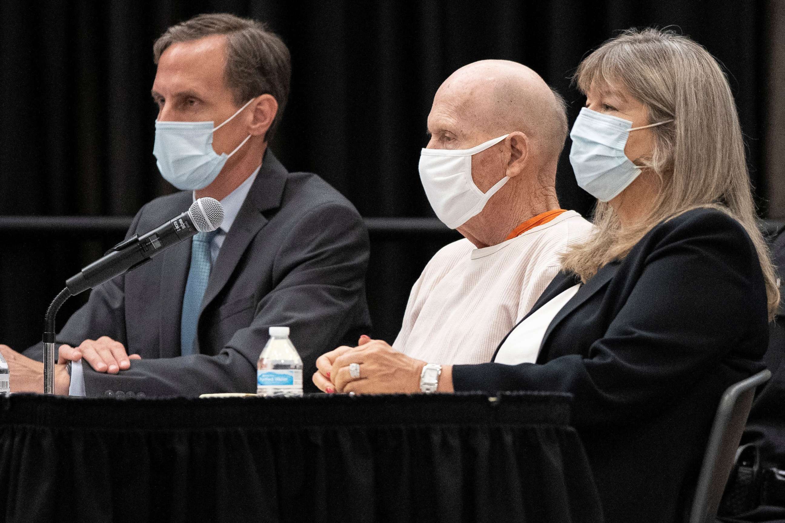 PHOTO: Joseph James DeAngelo, known as the Golden State Killer, sits with public defenders at his sentencing hearing held at CSU Sacramento in Sacramento, Calif., Aug. 21, 2020.