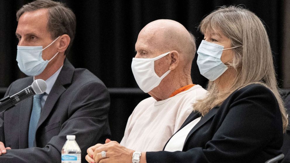 PHOTO: Joseph James DeAngelo, known as the Golden State Killer, sits with public defenders at his sentencing hearing held at CSU Sacramento in Sacramento, Calif., Aug. 21, 2020.