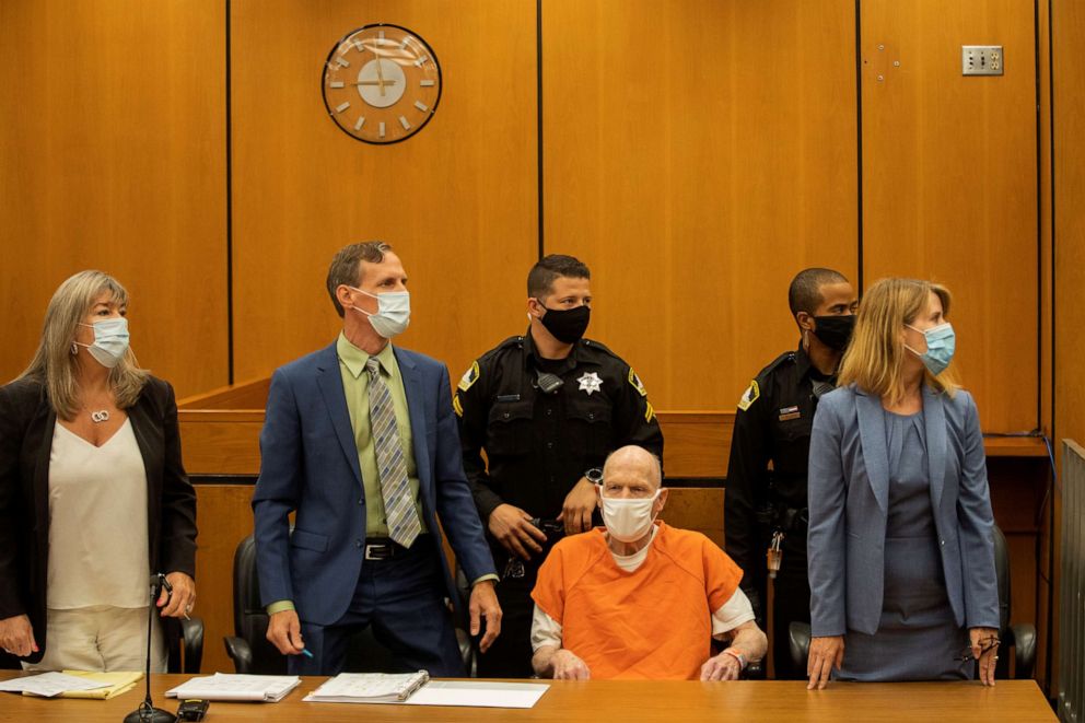 PHOTO: Joseph James DeAngelo, known as the Golden State Killer, looks on during the first day of victim impact statements at the Gordon D. Schaber Sacramento County Courthouse in Sacramento, Calif., Aug. 18, 2020.