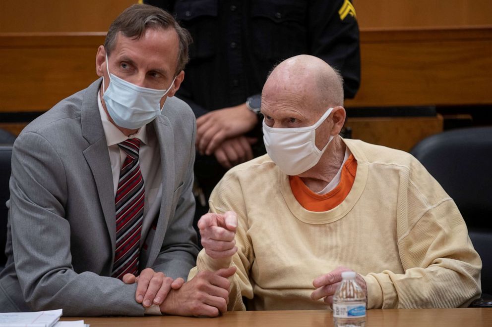 PHOTO: Joseph James DeAngelo, known as the Golden State Killer, speaks with public defender Joseph Cress during the second day of victim impact statements at the Gordon D. Schaber Sacramento County Courthouse in Sacramento, Calif., Aug. 19, 2020.
