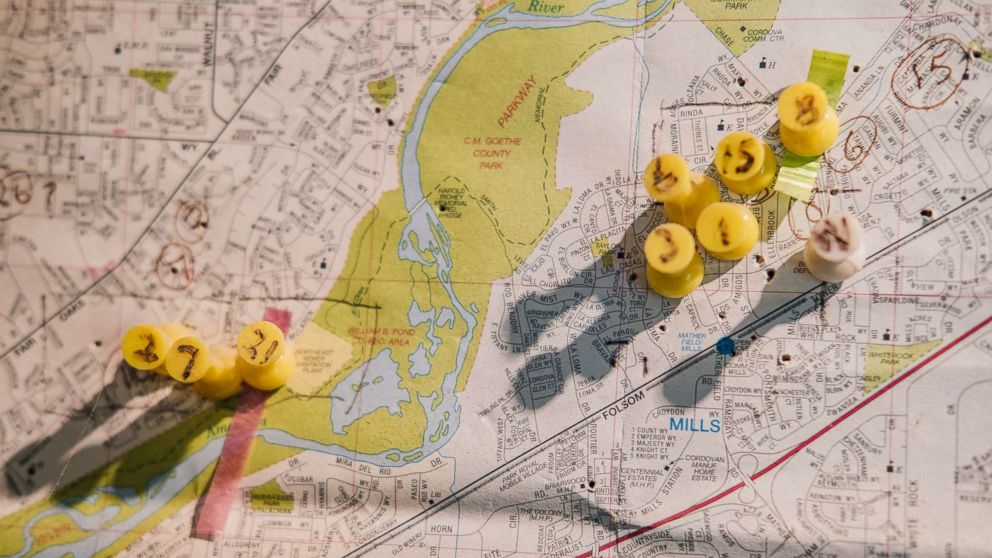 PHOTO: A map with numbered thumbtacks indicating the attacks by the East Area Rapist, also known as the Golden State Killer. 