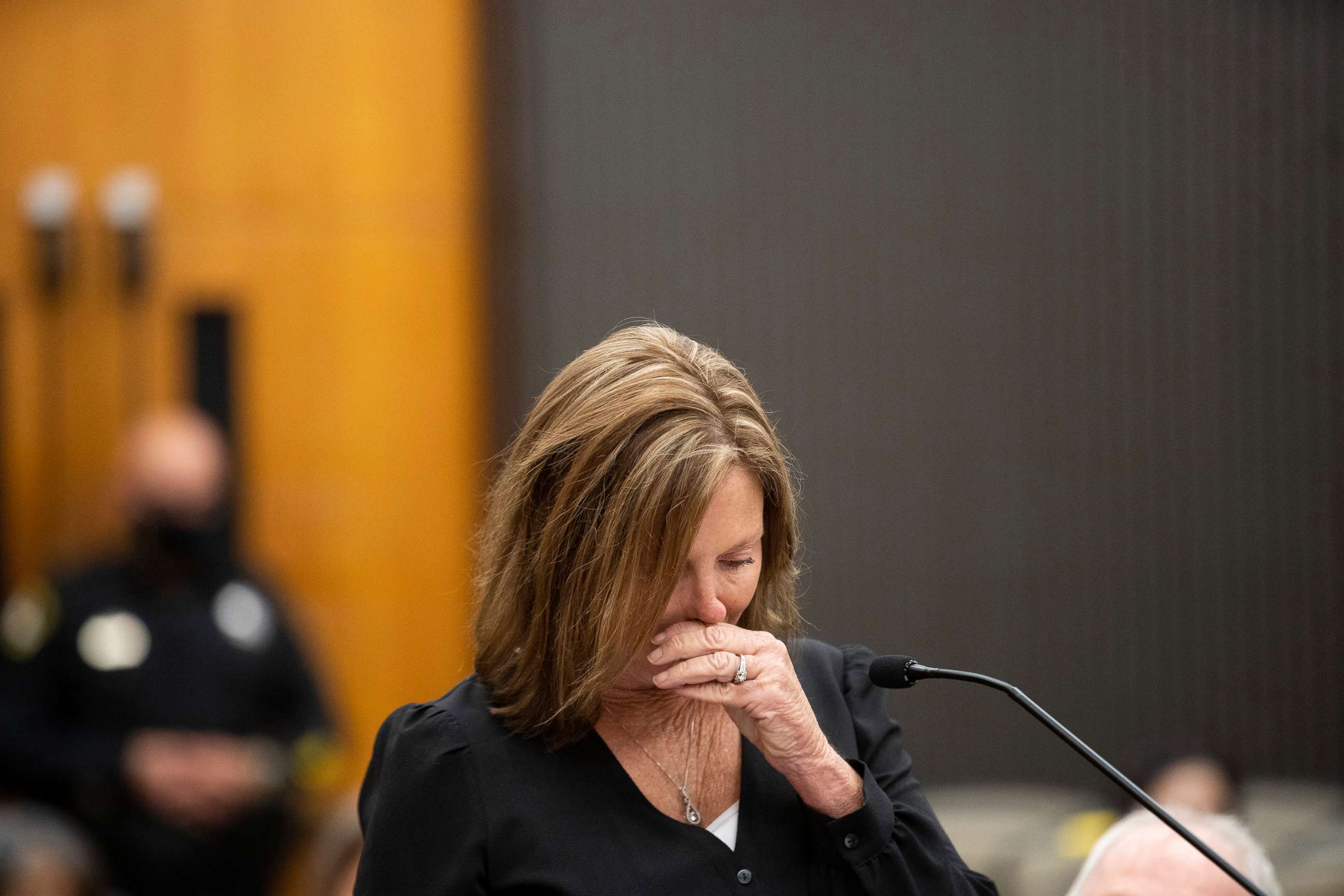 PHOTO: Kris Pedretti reads her victim impact statement as Joseph James DeAngelo is in the court room the Sacramento County Courthouse, in Sacramento, Calif., Aug. 18, 2020.
