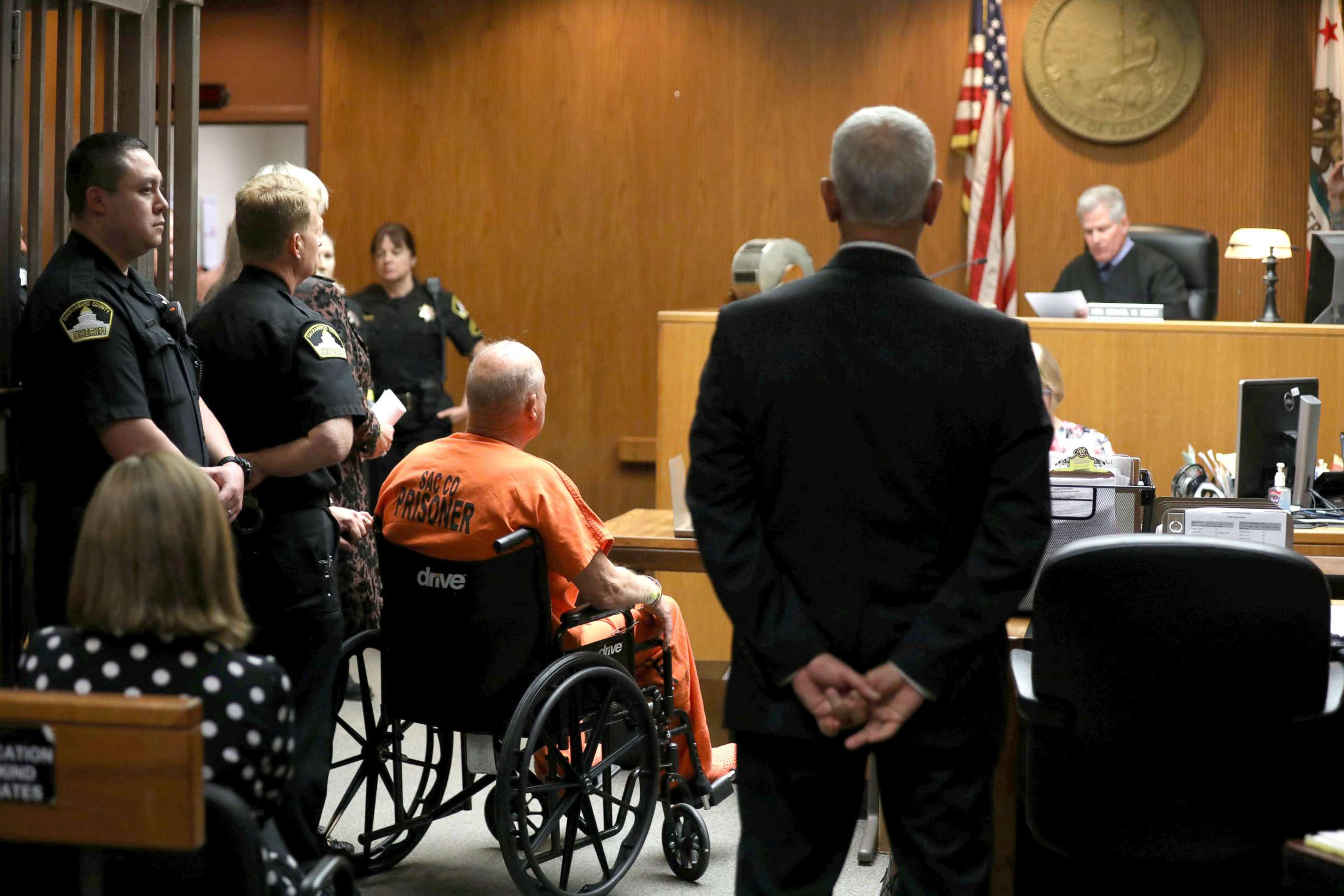 PHOTO: Joseph James DeAngelo, 72, who authorities said was identified by DNA evidence as the serial predator dubbed the Golden State Killer, appears in a wheelchair  at his arraignment in California Superior court in Sacramento, Calif., April 27, 2018.