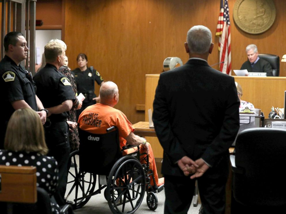 PHOTO: Joseph James DeAngelo, 72, who authorities said was identified by DNA evidence as the serial predator dubbed the Golden State Killer, appears in a wheelchair at his arraignment in California Superior court in Sacramento, Calif., April 27, 2018.