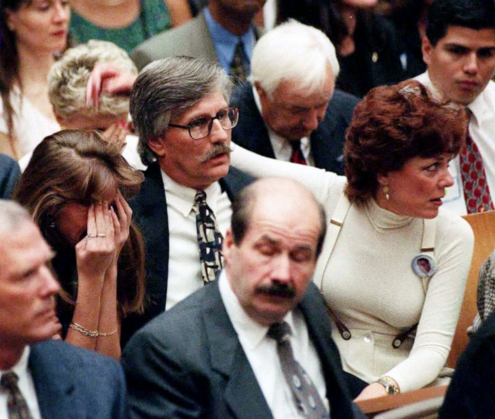 PHOTO: Members of murder victim Ron Goldman family react to the not guilty verdicts in the O.J. Simpson murder trial, Oct. 3, 1995 in Los Angeles.