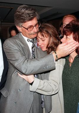 PHOTO: In this Feb. 4, 1997 file photo, Fred Goldman is hugged by his daughter Kim while patting his wife Pattis cheek during a news conference after the verdict in the wrongful death suit against O.J. Simpson in Santa Monica, Calif.