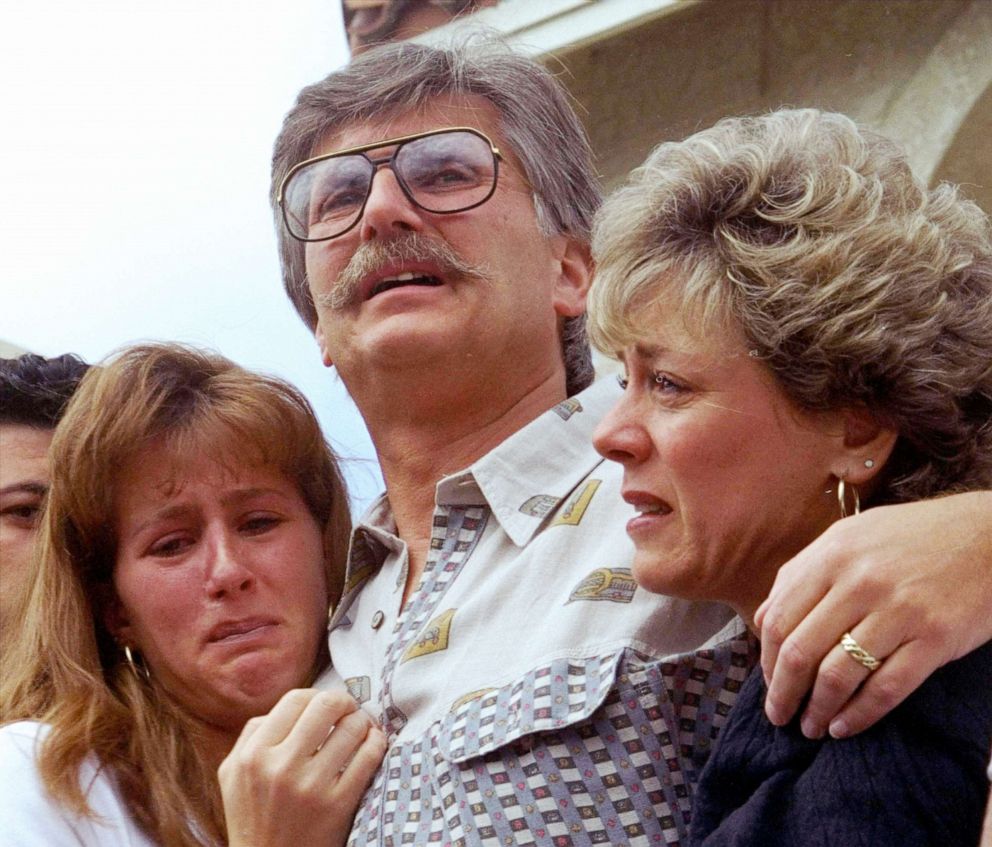 PHOTO: The family of Ronald Goldman, Kim Goldman, Fred Goldman, and Patti Goldman comfort each other during a conference in Ventura County Calif., June 15, 1994.