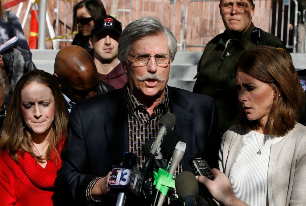 PHOTO:Fred Goldman (C), father of Ron Goldman, speaks to reporters after O.J. Simpson's sentencing as Lauren Luebker (L) and Kim Goldman (R) Ron Goldman's sister, listen at the Clark County Regional Justice Center, Dec. 5, 2008 in Las Vegas.