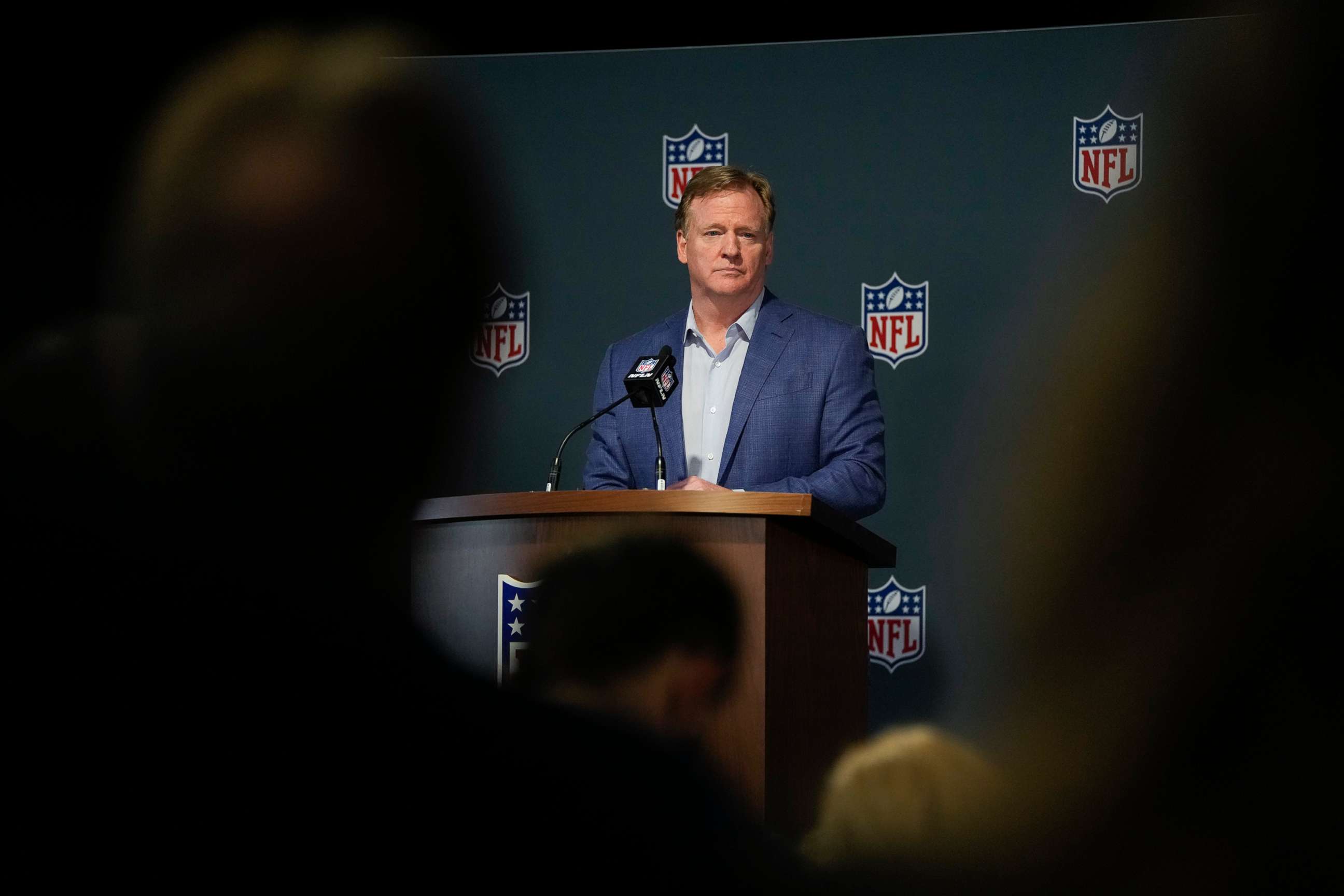 PHOTO: NFL Commissioner Roger Goodell answers questions from reporters at a press conference following the close of the NFL owner's meeting, March 29, 2022, at The Breakers resort in Palm Beach, Fla. 