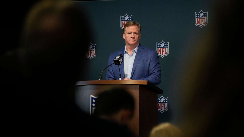 PHOTO: NFL Commissioner Roger Goodell answers questions from reporters at a press conference following the close of the NFL owner's meeting, March 29, 2022, at The Breakers resort in Palm Beach, Fla. 