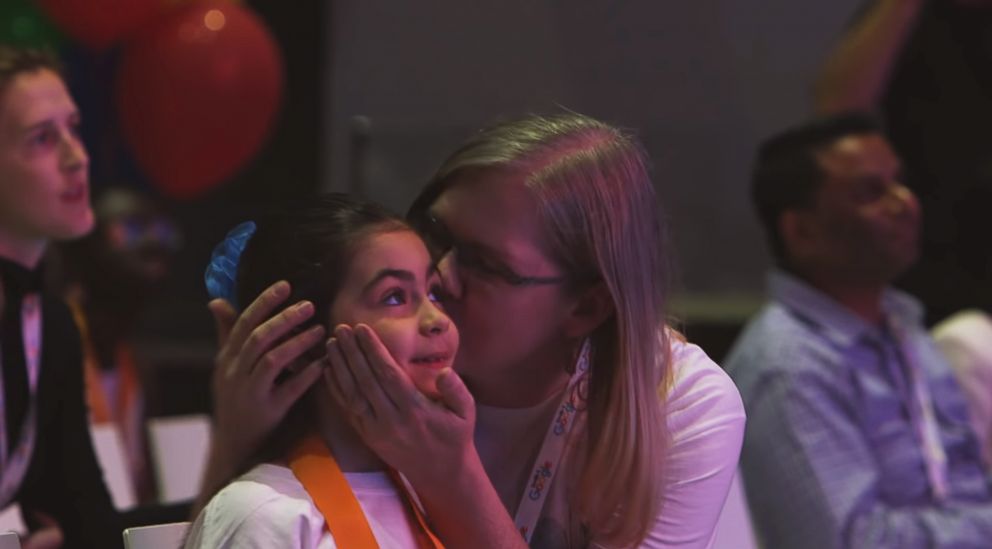 PHOTO: Sarah Gomez-Lane, 6, and her mother, Maria Gomez, embrace at Google's headquarters after the second-grader was announced as the winner of the 2018 Doodle for Google contest.