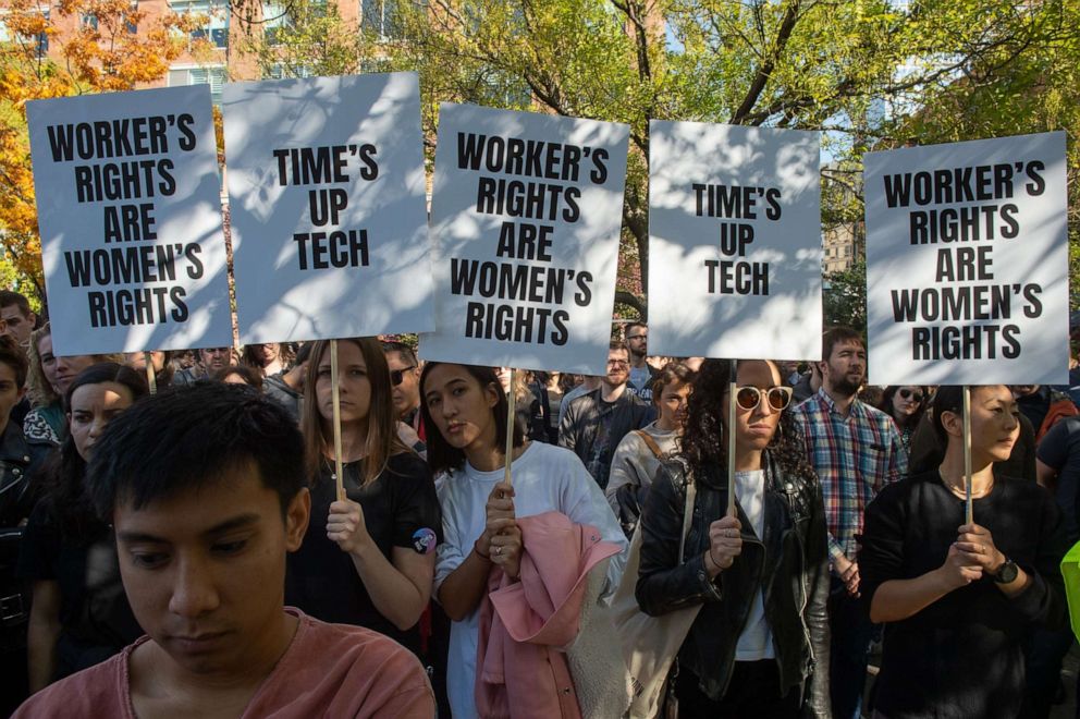 PHOTO: Google employees stage a walkout on November 1, 2018, in New York, over sexual harassment.