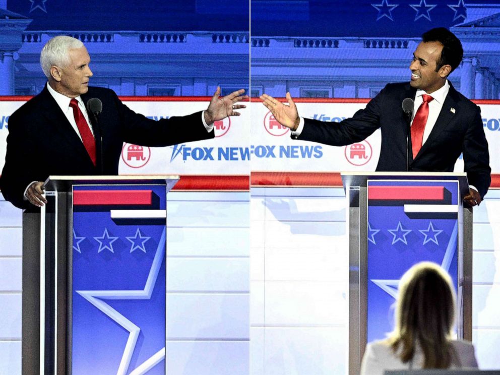 PHOTO: Split photo shows Former Vice President Mike Pence and author Vivek Ramaswamy speak during the first Republican Presidential primary debate at the Fiserv Forum in Milwaukee, Aug. 23, 2023.
