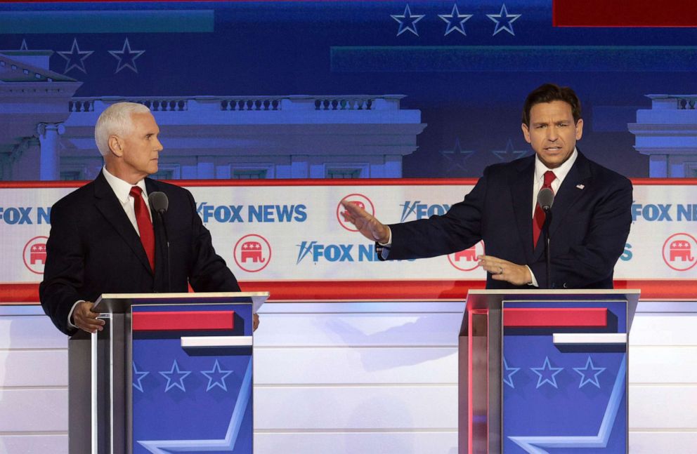PHOTO: Republican presidential candidates, former Vice President Mike Pence and Florida Gov. Ron DeSantis participate in the first debate of the GOP primary season hosted by FOX News at the Fiserv Forum, Aug. 23, 2023 in Milwaukee.