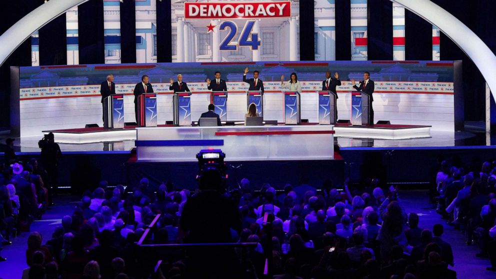 PHOTO: Six of the eight Republican presidential contenders on the debate stage indicate that they would support Donald Trump as their party's 2024 White House nominee even if he is convicted of a crime at the first Republican candidates' debate