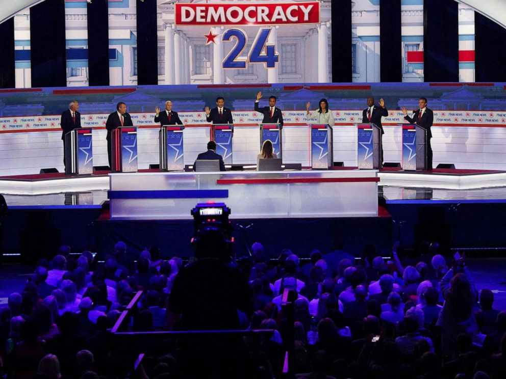 PHOTO: Six of the eight Republican presidential contenders on the debate stage indicate that they would support Donald Trump as their partys 2024 White House nominee even if he is convicted of a crime at the first Republican candidates debate