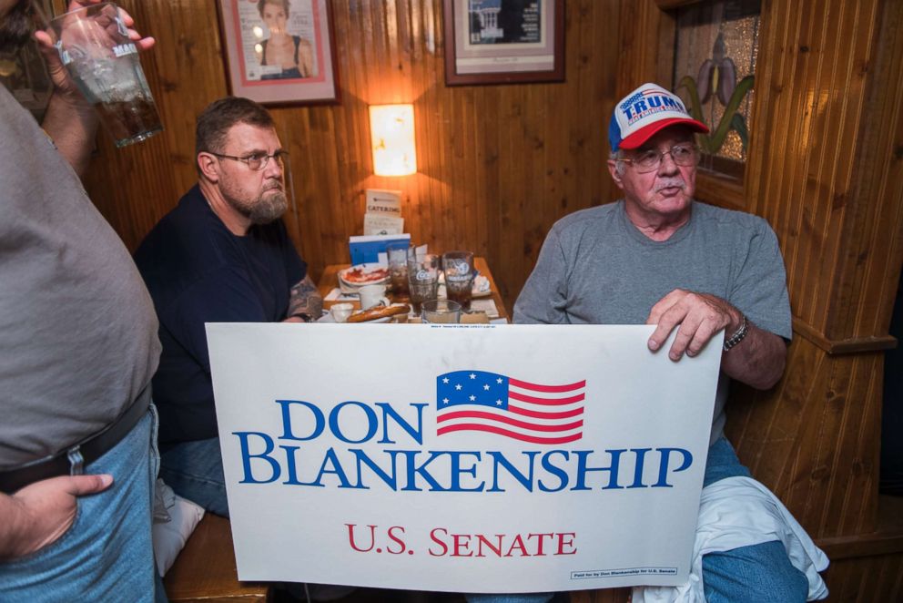 PHOTO: Supporters of Don Blankenship, who is running for the Republican nomination for Senate in West Virginia, attend a town hall meeting at Macado's restaurant in Bluefield, W.Va.,May 3, 2018.