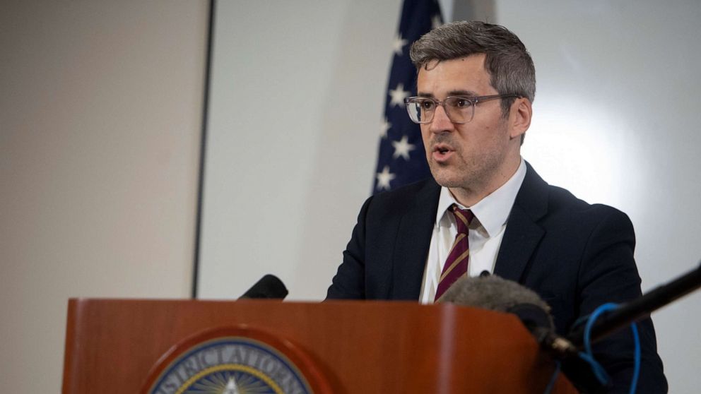 PHOTO: District Attorney Gordon McLaughlin answers questions following the news that two former Loveland police officers will face criminal charges for the June 2020 arrest of an elderly woman in Fort Collins, Colo., May 19, 2021.