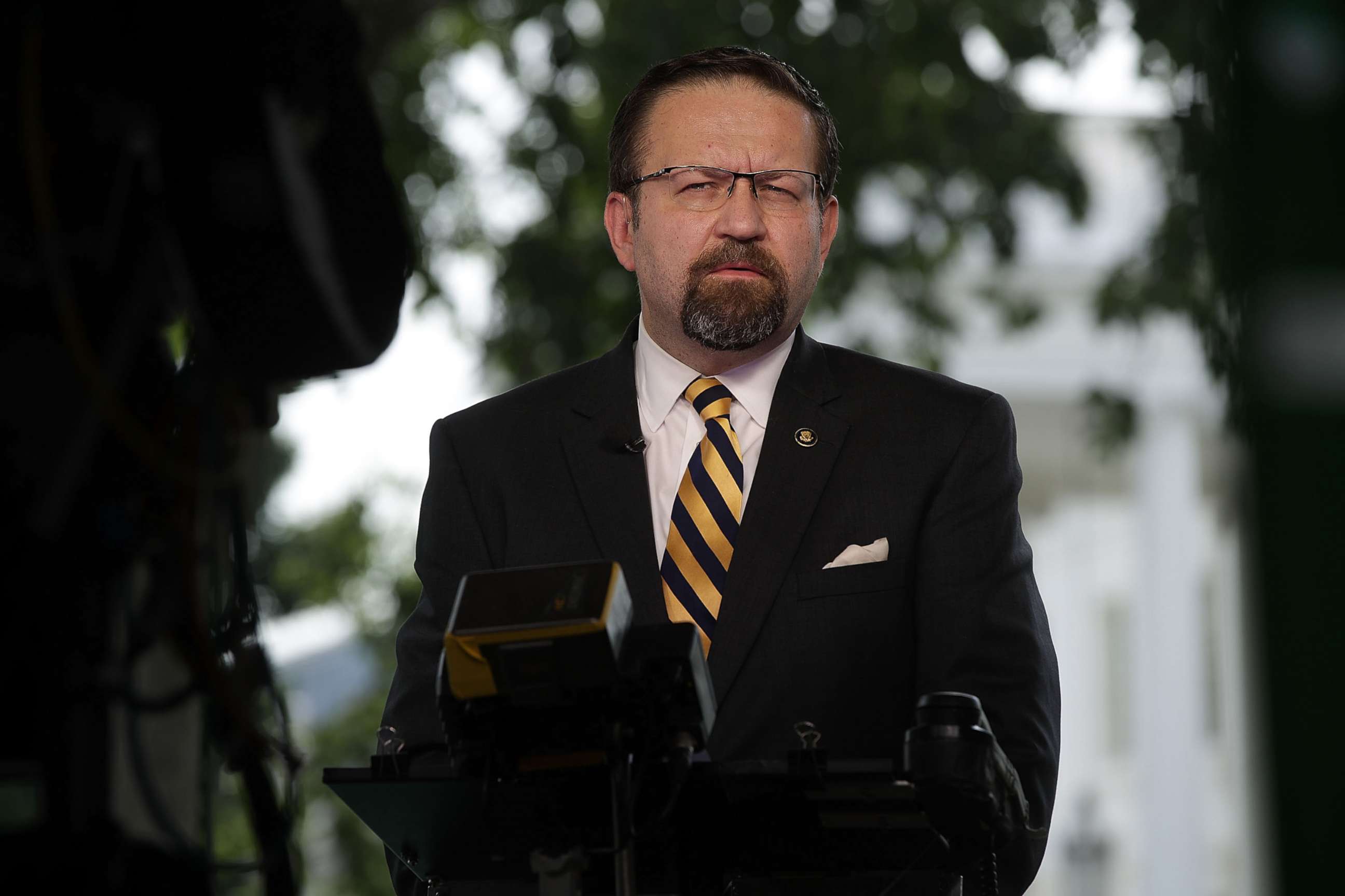 PHOTO: White House Deputy Assistant to the President Sebastian Gorka speaks during an interview with Fox News remotely from the White House, June 22, 2017 in Washington, D.C. 