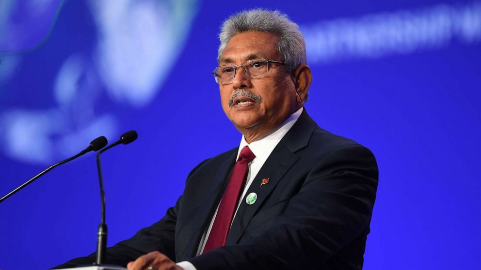 PHOTO: In this Nov. 1, 2021, file photo, Sri Lanka President Gotabaya Rajapaksa presents his national statement during the 26th United Nations Climate Change Conference, in Glasgow, United Kingdom.