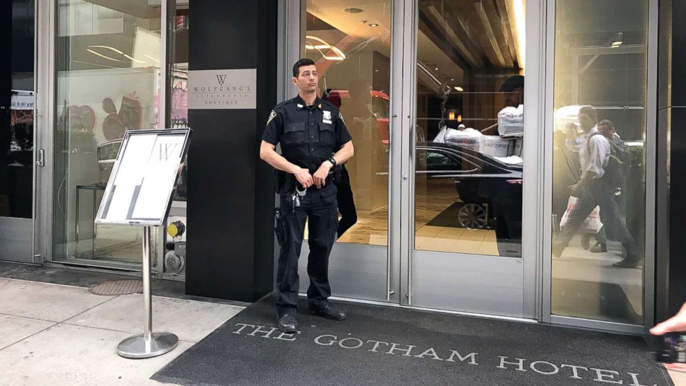 PHOTO: A police officer stands outside the Gotham Hotel in New York after reports that a woman jumped from the building with a child on May 18, 2018.