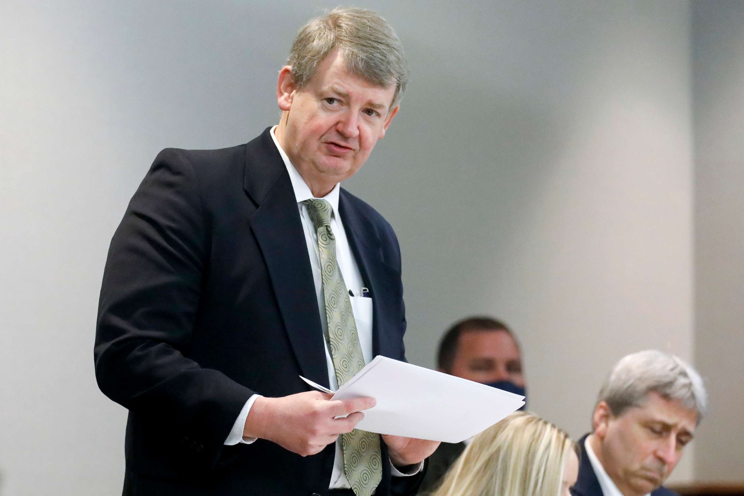 PHOTO: Defense attorney Kevin Gough speaks during the trial of Greg McMichael and his son, Travis McMichael, and a neighbor, William "Roddie" Bryan at the Glynn County Courthouse, Nov. 19, 2021, in Brunswick, Ga.