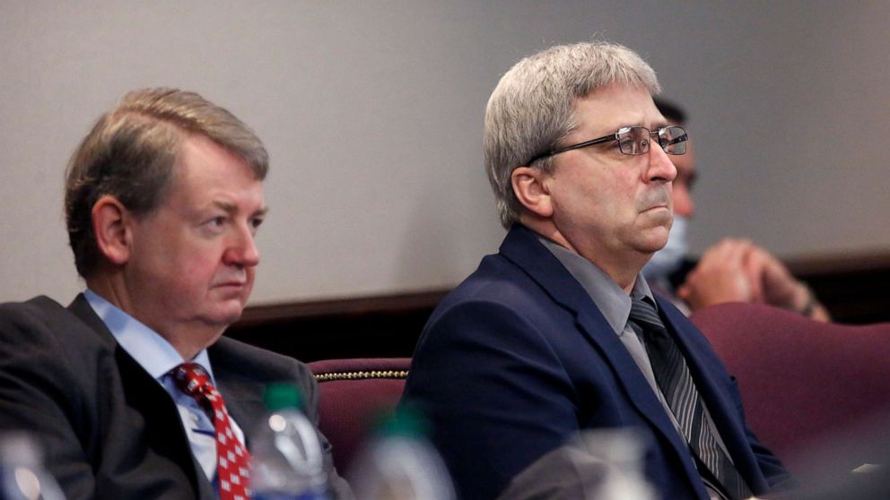 PHOTO: Defense attorney Kevin Gough and defendant William "Roddie" Bryan listen as the prosecutors make their final rebuttal before the jury begins deliberations in death of 25-year-old Ahmaud Arbery, in Brunswick, Ga., Nov. 23, 2021. 