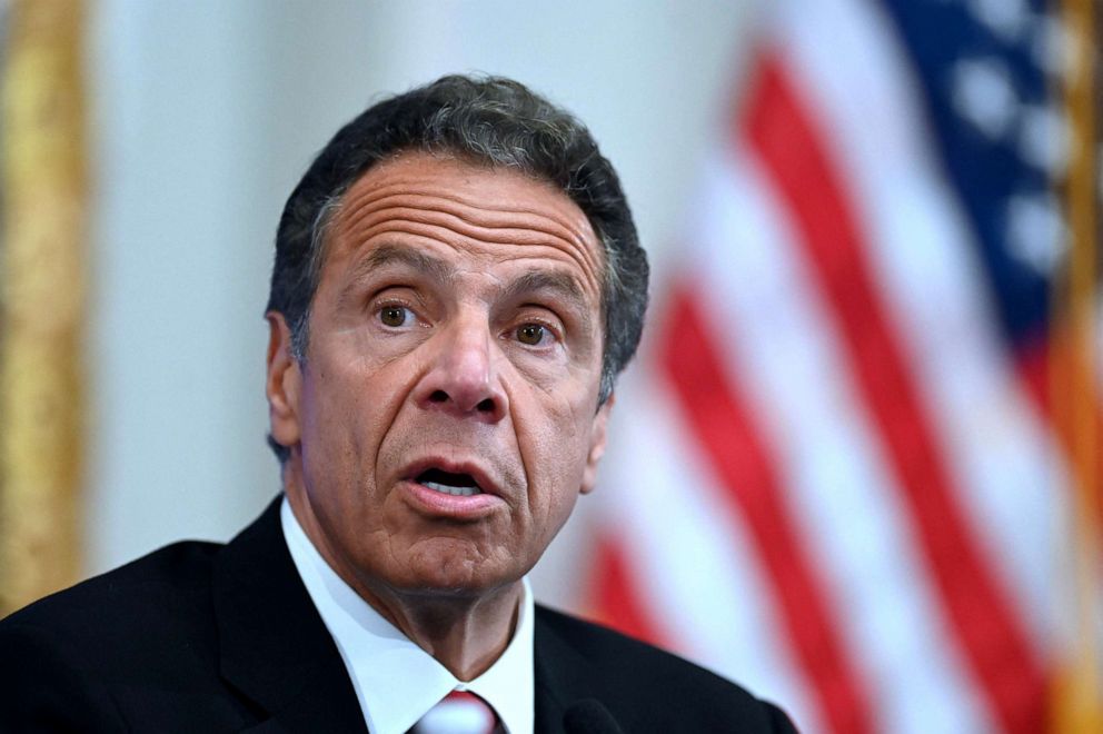 PHOTO: Andrew Cuomo speaks during a press conference at the New York Stock Exchange (NYSE) May 26, 2020, at Wall Street in New York City.