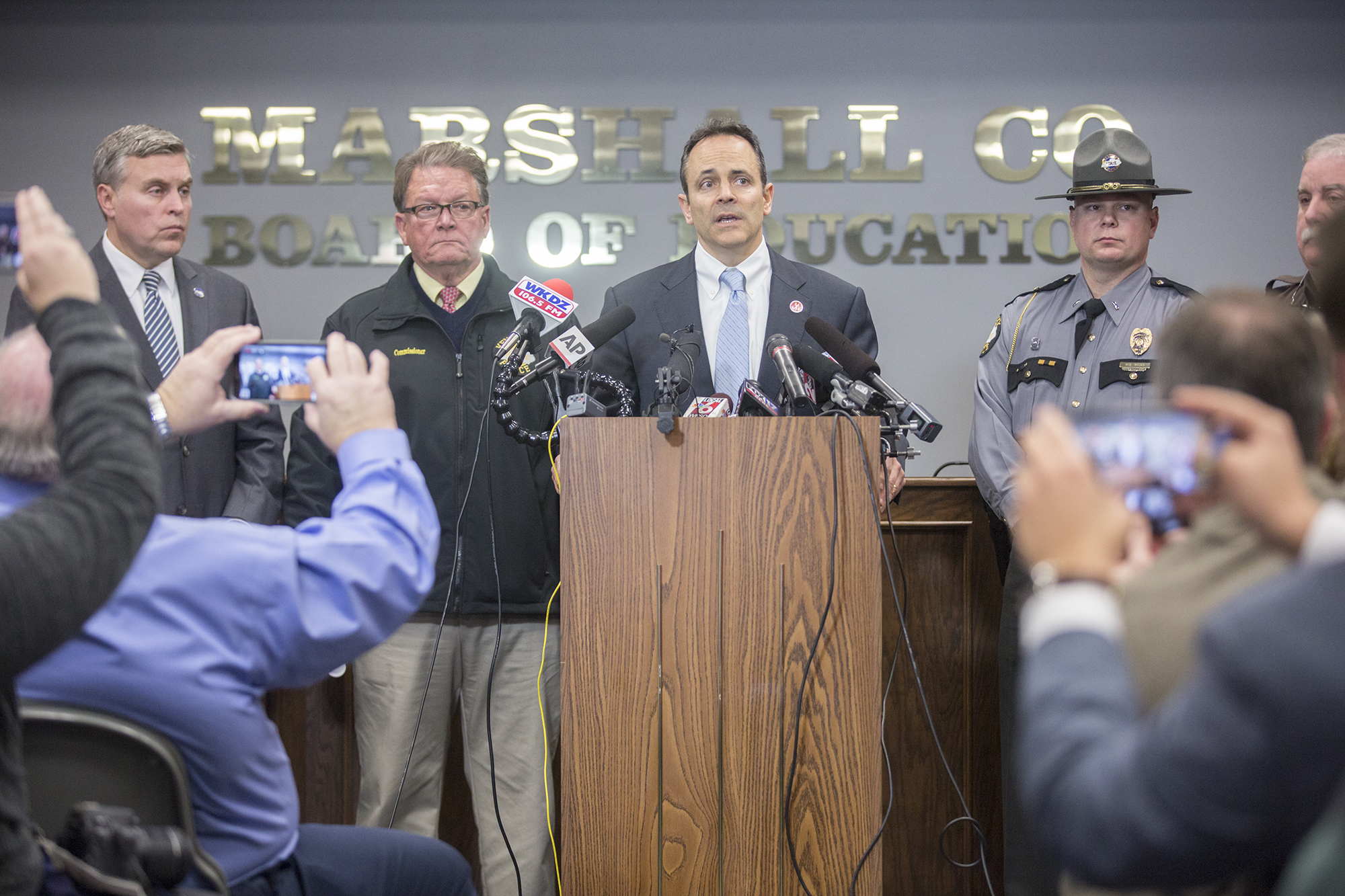 PHOTO: Gov. Matt Bevin speaks during a media briefing at the Marshall County Board of Education following a shooting at Marshall County High School in Benton, Ky., Jan. 23, 2018.
