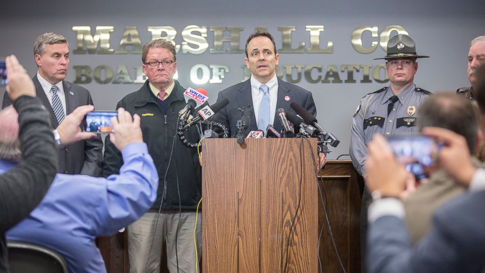 PHOTO: Gov. Matt Bevin speaks during a media briefing at the Marshall County Board of Education following a shooting at Marshall County High School in Benton, Ky., Jan. 23, 2018.