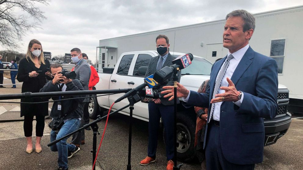 PHOTO: Tennessee Gov. Bill Lee speaks with reporters about vaccine distribution problems in the state's most populous county on Friday, Feb. 26, 2021, in Memphis, Tenn.