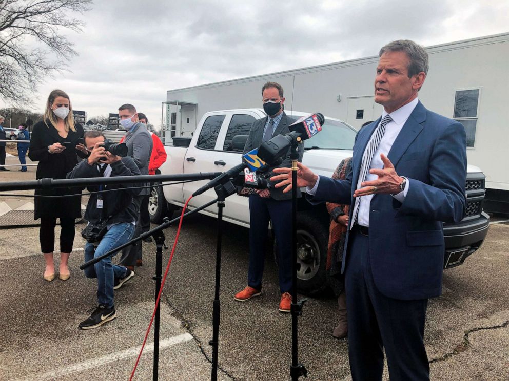 PHOTO: Tennessee Gov. Bill Lee speaks with reporters about vaccine distribution problems in the state's most populous county on Friday, Feb. 26, 2021, in Memphis, Tenn.