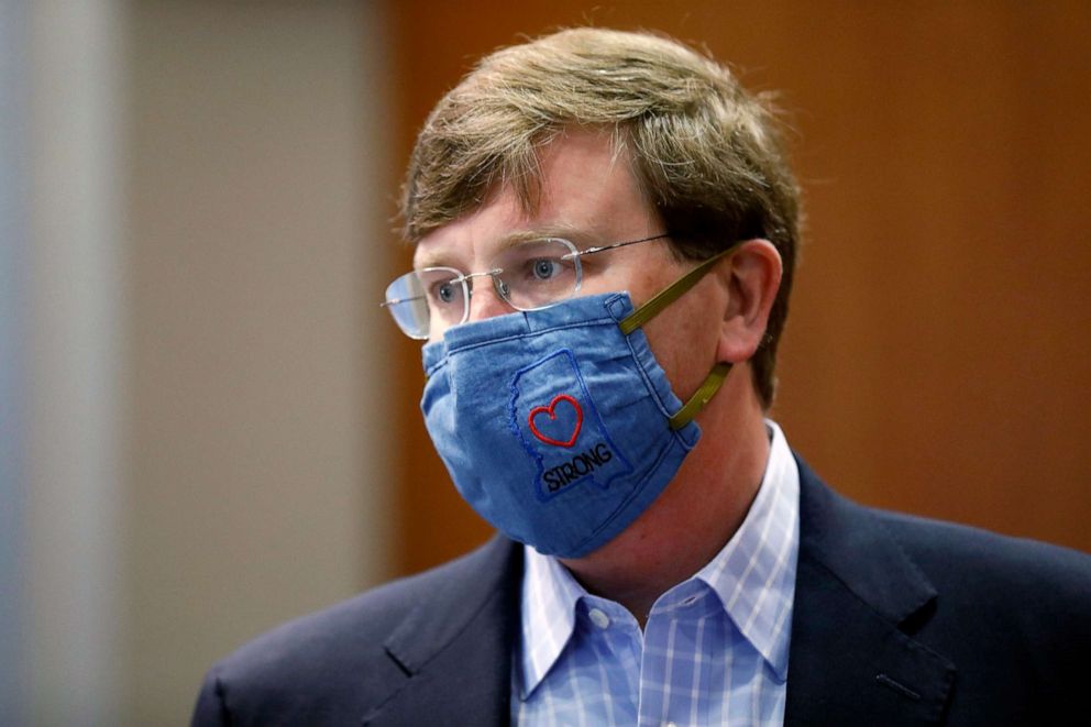 PHOTO: Gov. Tate Reeves sports a "Mississippi Strong" face mask following his coronavirus news briefing in Jackson, Miss., July 8, 2020.