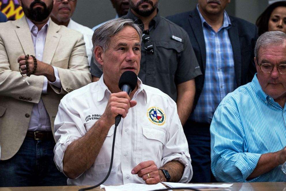 PHOTO: In this Aug. 3, 2019, file photo, Texas Governor Greg Abbott speaks during a press briefing, following a mass fatal shooting, at the El Paso Regional Communications Center in El Paso, Texas.