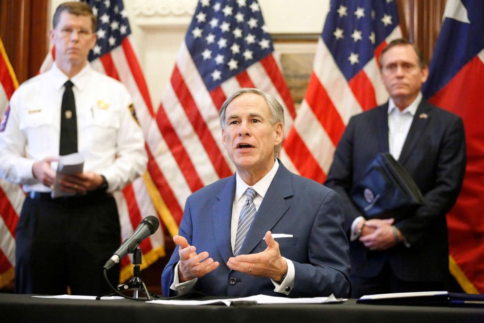 PHOTO: Governor Greg Abbott announced the US Army Corps of Engineers and the state are putting up a 250-bed field hospital at the Kay Bailey Hutchison Convention Center in Dallas during a press conference in Austin, March 29, 2020.