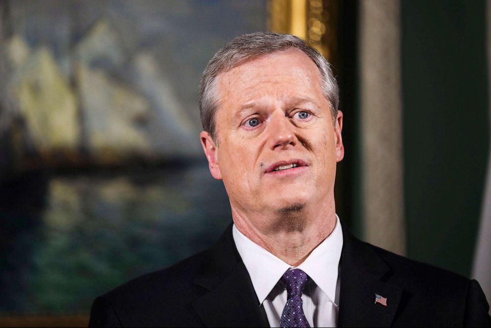 PHOTO: Massachusetts Gov. Charlie Baker delivers his televised State of the Commonwealth address from his ceremonial Statehouse office on Jan. 26, 2021, in Boston.