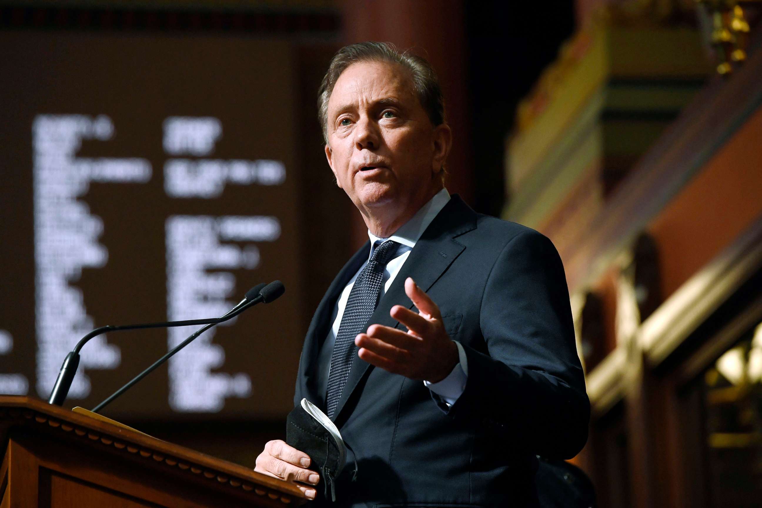 PHOTO: In this Feb. 9, 2022, file photo, Connecticut Gov. Ned Lamont delivers the State of the State address during opening session at the State Capitol, in Hartford, Conn.