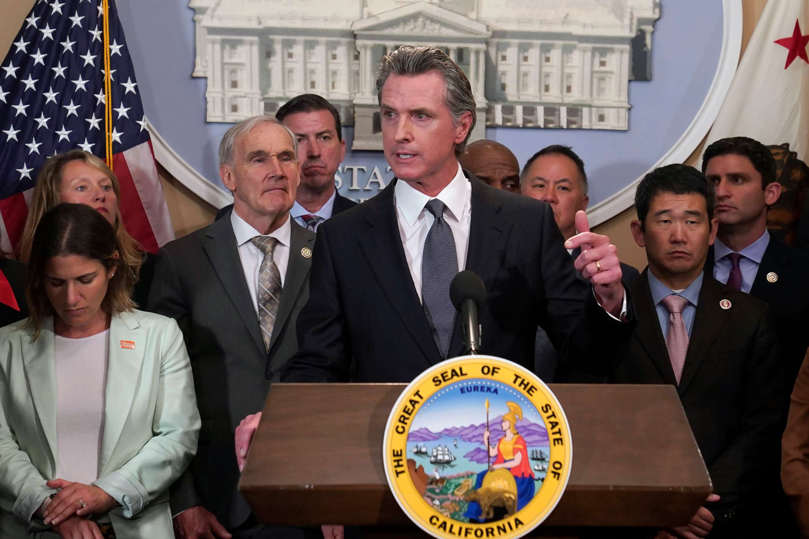 PHOTO: California Gov. Gavin Newsom discusses the recent mass shooting in Texas, during a news conference in Sacramento, Calif., on May 25, 2022.