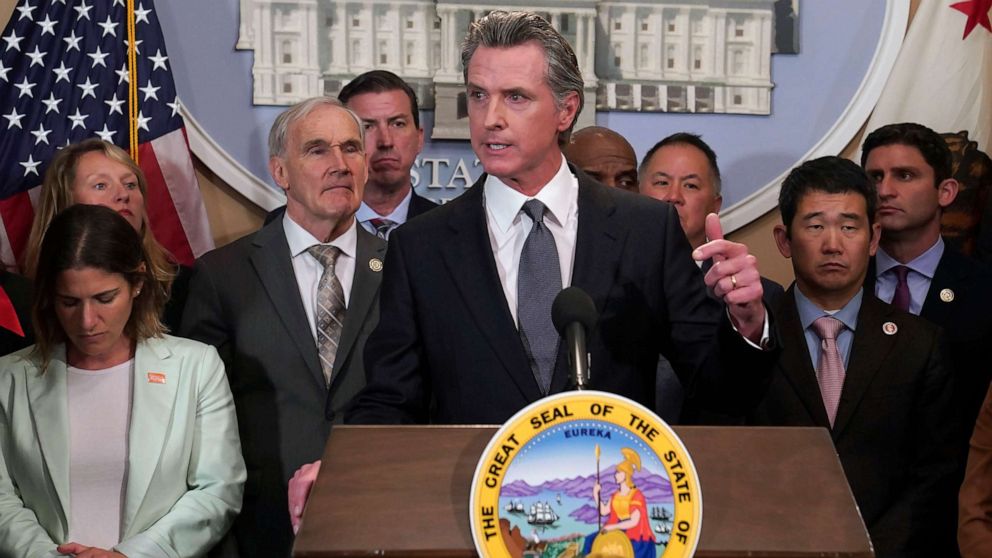 PHOTO: California Gov. Gavin Newsom discusses the recent mass shooting in Texas, during a news conference in Sacramento, Calif., on May 25, 2022.