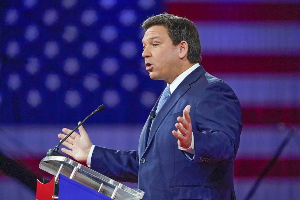 PHOTO: Florida Gov. Ron DeSantis speaks at the Conservative Political Action Conference on Feb. 24, 2022, in Orlando, Fla.
