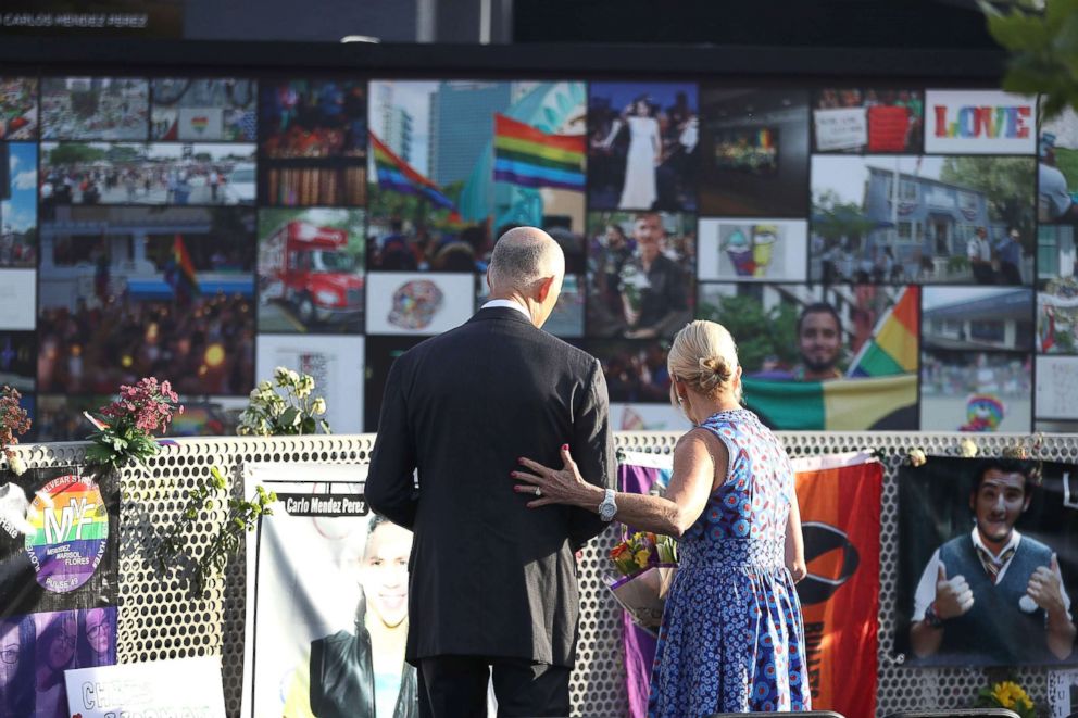 PHOTO: Florida Governor Rick Scott and First Lady Ann Scott visit the memorial to the 49 shooting victims setup at the Pulse nightclub where the shootings took place two years ago, June 12, 2018, in Orlando, Fla.