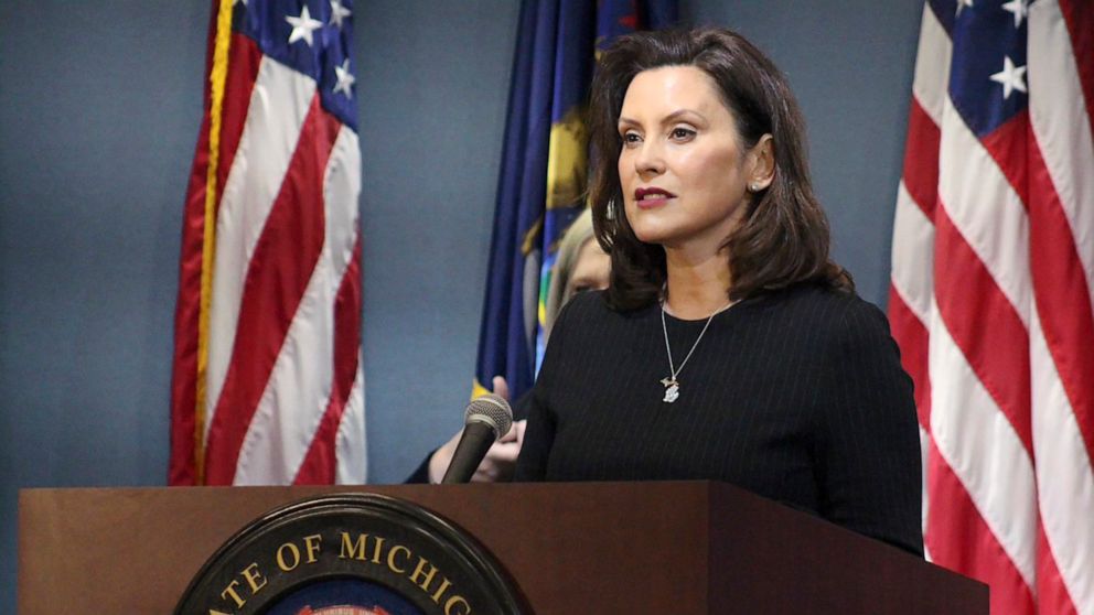 PHOTO: This photo provided by the Michigan Office of the Governor, Michigan Gov. Gretchen Whitmer addresses the state during a speech in Lansing, Mich., April 29, 2020.