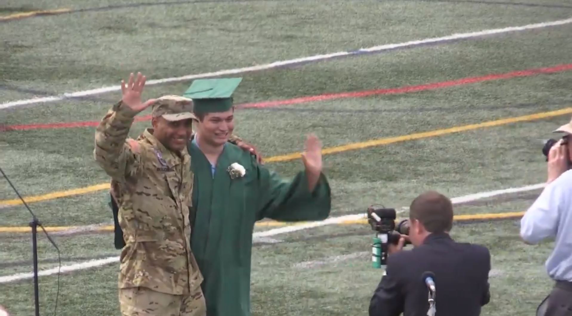 PHOTO: U.S. Army Sgt. Damon Solomon surprised his son Tyler at his high school graduation in Marshfield, Massachusetts.
