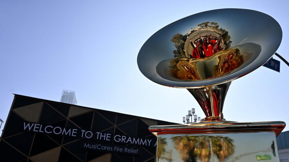 PHOTO: A Grammy statue is displayed on the red carpet ahead of the arrivals for the 67th Annual Grammy Awards in Los Angeles on Feb. 2, 2025.