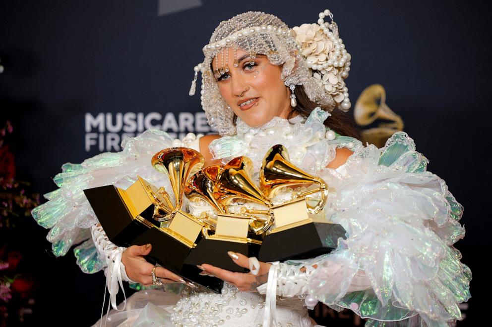 PHOTO: Sierra Ferrell poses in the press room with the Grammys for Best Americana Album, Best Americana Roots Song, Best Americana Performance, and Best Americana Roots Performance at the 67th Annual Grammy Awards in Los Angeles, Feb. 2, 2025.