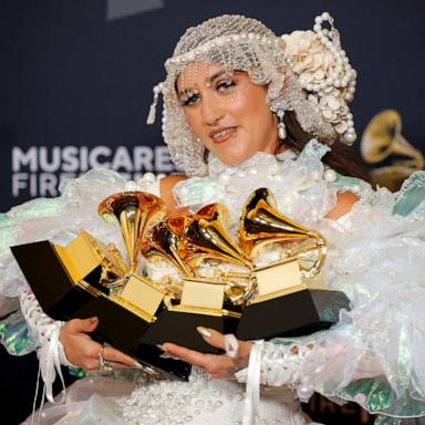 PHOTO: Sierra Ferrell poses in the press room with the Grammys for Best Americana Album, Best Americana Roots Song, Best Americana Performance, and Best Americana Roots Performance at the 67th Annual Grammy Awards in Los Angeles, Feb. 2, 2025.