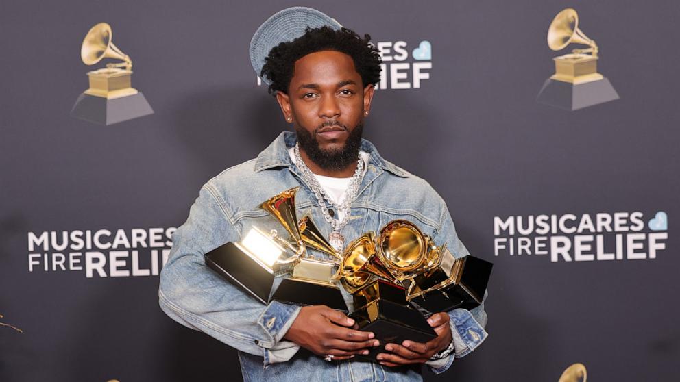 PHOTO: Kendrick Lamar, winner of the Record Of The Year, Best Rap Performance, Best Rap Song, Best Music Video, and Song Of The Year awards, poses during the 67th Annual Grammy Awards in Los Angeles, Feb. 2, 2025.