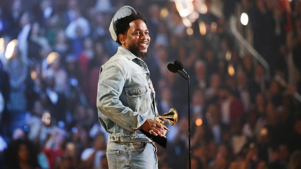 PHOTO: Kendrick Lamar accepts the Record of the Year award for 'Not Like Us' onstage during the 67th Annual GRAMMY Awards, Feb. 2, 2025, in Los Angeles.