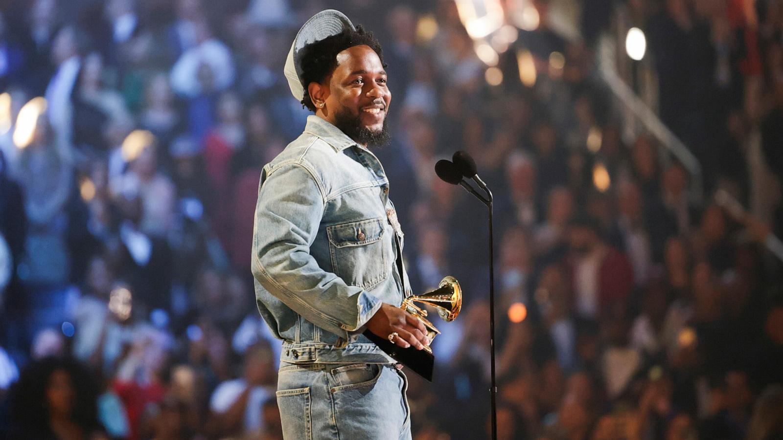 PHOTO: Kendrick Lamar accepts the Record of the Year award for 'Not Like Us' onstage during the 67th Annual GRAMMY Awards, Feb. 2, 2025, in Los Angeles.